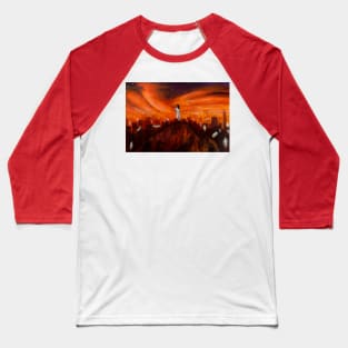 Astral projection over a orange sunrise city Baseball T-Shirt